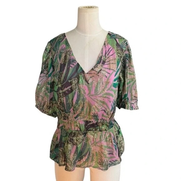 OLIVER BONAS Tropical Jacquard Metallic Blouse Sz 6 - Picture 5 of 7